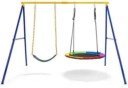 COSTWAY Juego Columpio Jardin Exterior de Acero, Columpios Infantiles Exterior, hasta 300 kg, Cuerdas Ajustables, 249x185x181,5 cm (Juego)