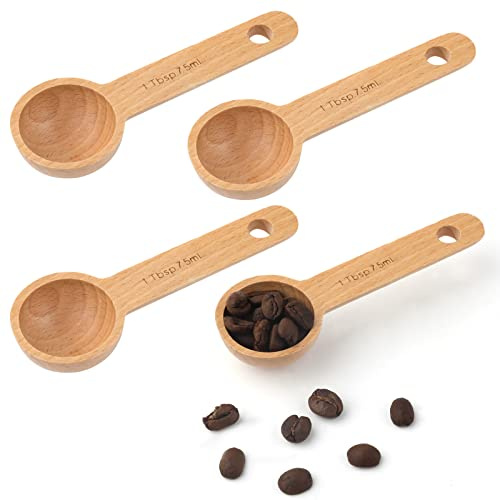 4pcs 7,5ml Cuillère à Mesurer en Bois Cuillère à Café en Bois en Hêtre Cuillère à Doser pour Café Moulu pour Mesure Grains Café Moulus Thé Accessoires de Maison Cuisine