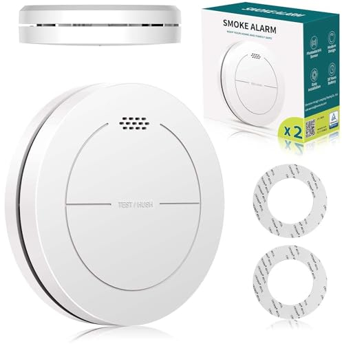 Safeliveo Rilevatore di fumo, batteria da 10 anni, senza LED lampeggiante, funzione silenziosa, con cuscinetti adesivi, suono di allarme da 85 dB, allarme antincendio domestico, 2-Pack (Autonomo)