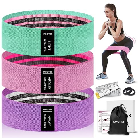KANGFITER Non-Slip Fabric Resistance Bands for Working Out, Loop Exercise Bands for Booty Leg, Butt, Glute, Workout Bands with Tape Measure and Hair Ties for Home Gym Fitness, Yoga, Pilates
