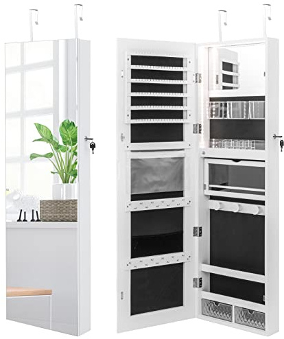 COSTWAY Armoire à Bijoux Murale avec Miroir Pleine Longueur HD, Inclus Lumières Tricolores, Organisateur à Bijoux avec Rangement Verrouillable, pour Bagues, Colliers, Boucles d’Oreilles (Blanc)