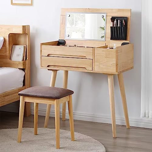 NRNQMTFZ Frisiertisch aus Holz Schminktisch mit gepolstertem Hocker Schminktisch mit großem Spiegel Modern Kosmetiktisch für Schlafzimmer mit 3 Schubladen(Original Wood Color)