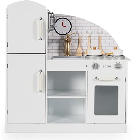 Maxmass Kids Wooden Kitchen, Pretend Play Toy Kitchen with Sound, Telephone, Stoves, Oven, Sink & Faucet and Cookware Utensils, Little Chef Cooking Role Playset for Boys Girls