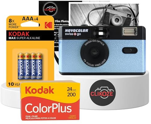 35mm Film Camera Bundle Includes Blue Swiss+Go Novocolor Analogue Film Camera with Kodak ColorPlus 24 EXP Film, Kodak Max Super Alkaline AAA Batteries and Clikoze Film Photography Tips Card
