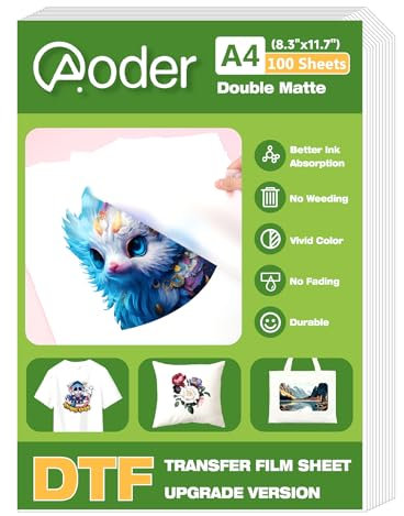 Aoder DTF-Transferfolie (21,1 x 29,7 cm), 100 Blatt, doppelseitige matte DTF-Folie, klares PreTreat PET-Transferpapier für T-Shirts, Textil, A4 DTF Transferfolie für Epson-Tintenstrahldrucker