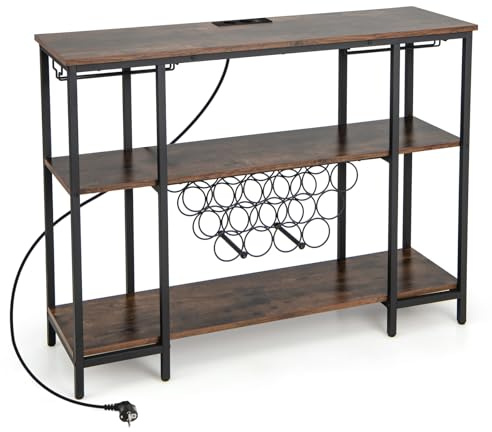 GYMAX Mobile Portabottiglie di Vino a 3 Livelli con Prese, Tavolo da Bar per Liquori con Porta Calici, Struttura in Metallo, Tavolo Console per Soggiorno, Cucina e Sala da Pranzo (MARRONE)
