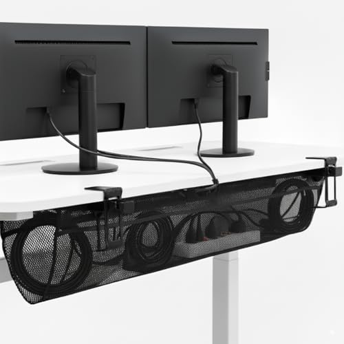 VIVO Mesh Fabric 112cm Clamp-on Under Desk Cable Net, Sit Stand Workstation Wire Organizer, Power Strip Holder, Ergonomic Adjustable Cable Management Solution for Home Office, Black, DESK-AC44MH