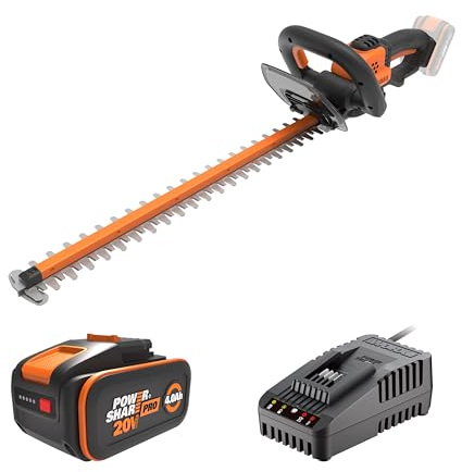 WORX WG264E Akku-Heckenschere 20V, effizienter & präziser Schnitt durch hochwertige Doppelklinge, 56 cm Schwertlänge, 20mm Zahnabstand, Messerspitzenschutz, inkl. 4Ah Akku & Ladegerät