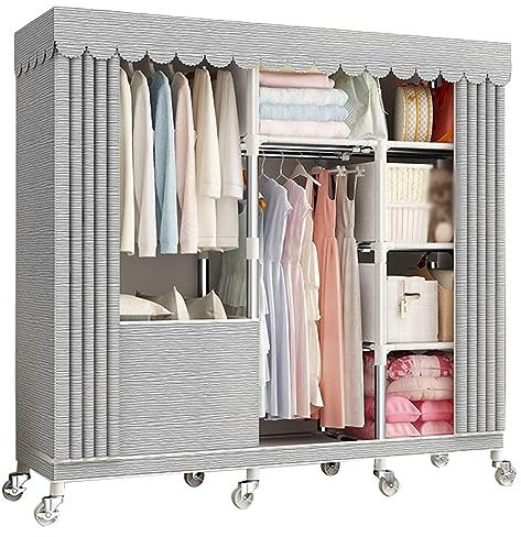 Kleiderschrank mit Rollen, 4 Etagen, Kleiderständer mit Stoffbezug für Schlafzimmer, Kleiderständer aus Metall zum Aufhängen von Kleidung (Farbe: Grau-1, Größe: 143 x 45 x 170 cm)