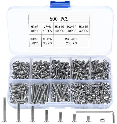 M3 Boulons et écrous, 500 PiècesVis à Tête Cylindrique à Six Pans Creux, Vis à Tête Hexagonale Bouton Assortiment Kit, Vis et écrous à Ronde