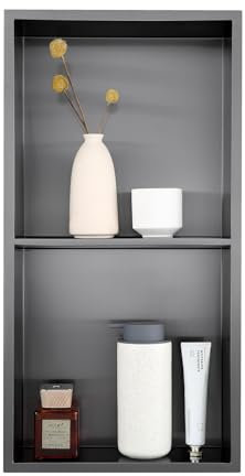 KINKIBOS Wall Niche Shower Stainless Steel Antrahzit, No Tiles Required, Embedded Shower Niche 60 x 30 x 10 cm, Shower Niche Dual-Shelf Storage, Grey Black