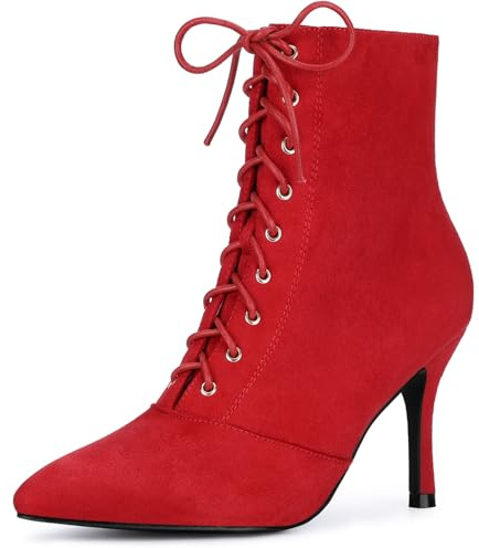Allegra K Bottines à talons aiguilles à lacets et fermeture éclair latérale pour femme, Rouge, 40 EU