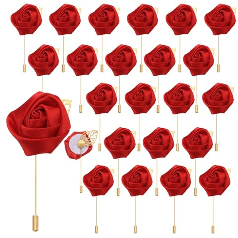 QUARKZMAN 24 Stück Rote Rosen Ansteckblumen Knopflöcher Taschenanstecker Pins für Hochzeitszeremonie Jubiläum Abschlussball Formelles Abendessen Party