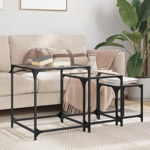 Baziroo Satztische 3 STK. mit Glasplatte 50x50x55 cm Kaffeetisch Satztisch Sofatisch Beistelltisch Wohnzimmertisch Couchtisch Glastisch Wohnzimmermöbel Holzwerkstoffe&Stahl&Glas Transparentes Glas