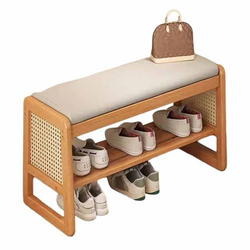KaBuea Eingangsbank, Bettbank, gepolsterte Schuhbank für Schlafzimmer, Ottomane-Bank aus Rattan mit Massivholzregal für Flur, Wohnzimmer