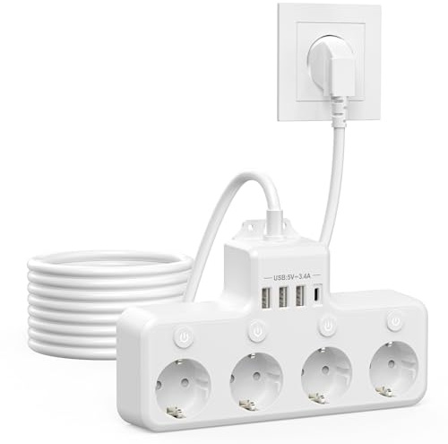 Steckdosenleiste mit USB C, 4Fach Steckdosenleiste einzeln Schaltbar, Steckdosenadapter Verteilersteckdose Flachstecker mit 4 USB, Mehrfachstecker Wandmontage Steckdose Flachstecker mit 2M Kabel, Weiß