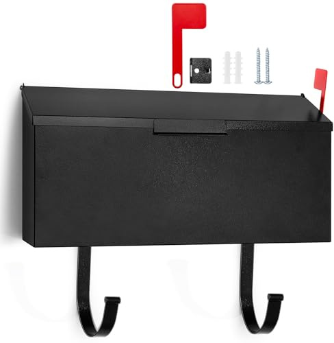 Yaocom Small Cast Wall Mount Mailbox for Outside Metal Mailbox with Newspaper Hooks Heavy Duty Rustproof Wall Mounted Galvanized Steel Post Box Large Capacity 16 x 8.25 x 4.25(Black)