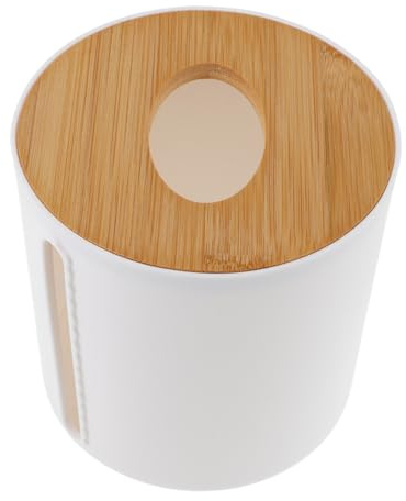 Toilettenpapierrollenspender mit Deckel, Rund aus Kunststoff und Bambus | Weiß, Stabiler Boden, für Restaurant und Hotel, Klopapier Box, Papierorganisator