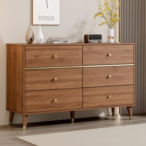Chrangmay 6 Drawer Dresser,47 Wide Mid Century Chest of Drawers,Wooden Bedroom Drawer Dresser with 6 Storage Drawers for Bedroom,Living Room,with Anti-Tipping Device,Walnut.HT