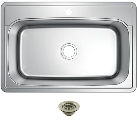 Kingston Brass Studio KGKTS33229018 33 Stainless Steel Self-Rimming Single Bowl Bar Sink with 1-Hole Drain and Strainer, Stainless Steel/Brushed Nickel