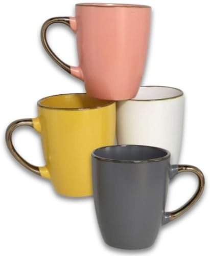 Set de 4 Tazas de Cerámica de 350 ml - Diseño Moderno con Acabado en Colores Elegantes y Asa Dorada - para Café, Desayuno o Té - Resistentes y Apta para Microondas y Lavavajillas - No Pierden Color