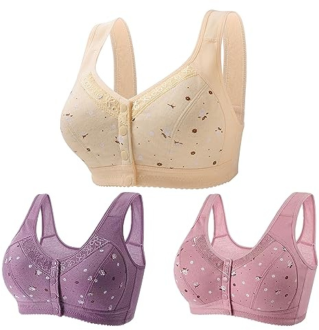 Mrat 3 Pack Sports Bras Women Front Close Button Bras Wireless Push Up Wide Straps Breathable Bra No Underwire SleepBras Front Fastening Bra Ladies Comfy Lingerie Underwear Bralette Large Size UK 6XL