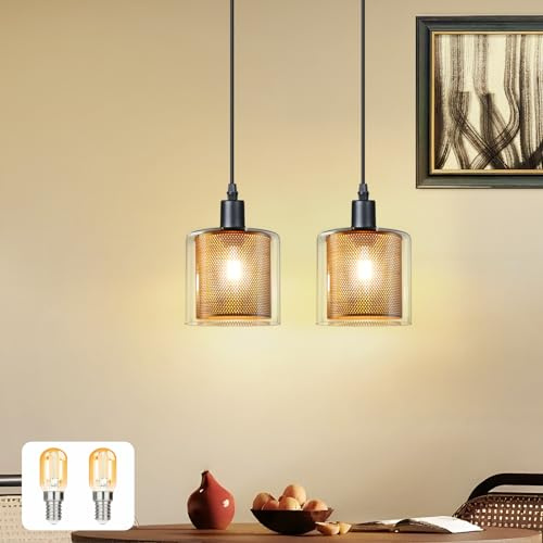 ZMH 2er Pendelleuchte Esstisch Hängelampe Schlafzimmer Hängeleuchte | 1 Flammig Glas Höhenverstellbar Esstischlampe Vintage Gold E14 Esszimmerlampe Pendellampe für Küche (Mit Leuchtmittel)