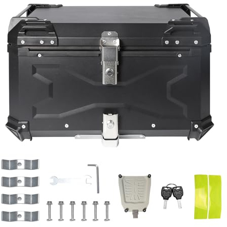 Qawner Universal Motorrad Topcase, wasserdichte Aluminium-Motorrad-Kofferraum-Topbox, Dual-Key Storage Carrier Case, Top Box, Motorradkoffer zur Aufbewahrung von Helmen (schwarz, 65L)