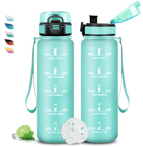 Trinkflasche 1l, Trinkflasche Sport, Trinkflasches Kohlensäure Geeignet, Trinkflasches Auslaufsicher, Trinkflasch mit Zeitmarkierung, Leicht zu Reinigen, Flasche Erwachsene für Fitness, Schule, Büro