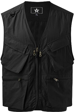 YOSUWOAI Chaleco de pesca para hombre con varios bolsillos, ligero, para camping, fotografía al aire libre, sin mangas, chaleco de trabajo, de secado rápido, transpirable, chaleco táctico, O negro., L