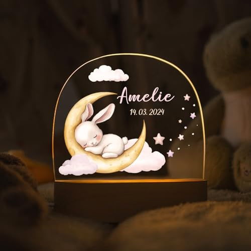 GRAVURZEILE Personalisiertes LED Nachtlicht für Kinder - Schlafende Tiere Kaninchen - Personalisiert mit Name - Baby Lampe - Geschenk zur Geburt, Taufe & Geburtstag für Jungen & Mädchen