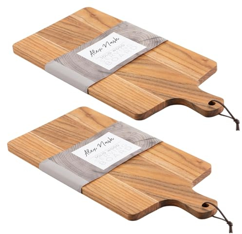 Alex Nash Acacia Wood Chopping Board & Serving Tray with Handle - Rustic Wooden Paddle Cutting Board for Kitchen, Meat & Vegetables – Serving Platter for Cheese & Charcuterie - 45 x 21 x 1.5cm (2)