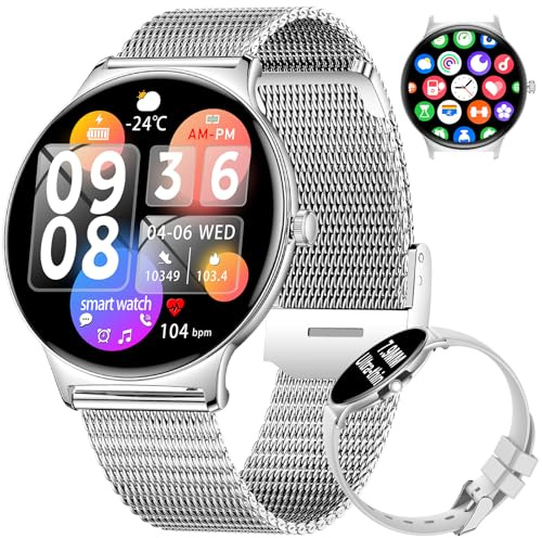 BENYAR SMART Montre Connectée Femme avec Appel Bluetooth, 1.43 HD AMOLED Ronde Smartwatch Femme, Fonction Féminine/100+ Modes Sport/Étanche IP68/Podomètre pour Android iOS, Bandeau en Maille Argent