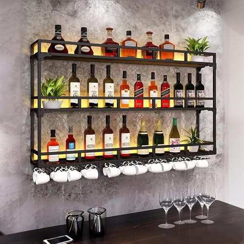 BYJSJY Portabottiglie Da Parete A 3 Ripiani Con Portabicchieri,Nero,Porta Bottiglie di vino Con Supporto In Vetro,Scaffale Galleggiante Per Vino E Champagne(31.5in(80cm))