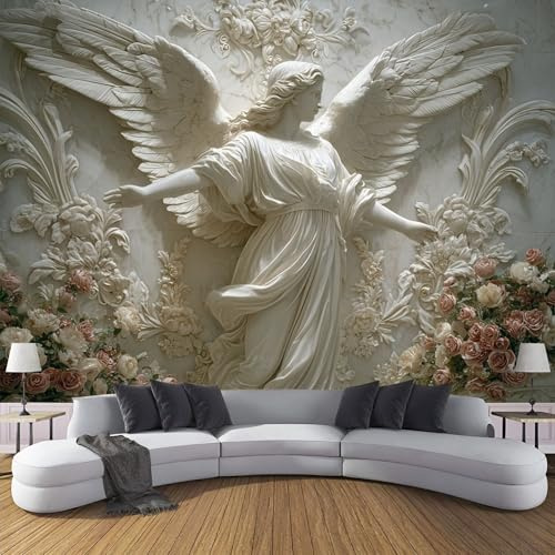 ANALTIRCE Carta Da Parati Fotografica 3D Effetto Marmo Angelo Fiori,250×170cm Fotomurali Moderna Decorazione XL Poster Gigante Stile Europeo Classico Fiori Fotomurali Tessuto Non Tessuto TNT Bianco