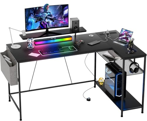 EOXCIIU L Shaped Gaming Desk, 132x80cm Carbon Fiber Computer Desk with Reversible Storage Shelves, Power Outlet, Storage Bag & Hook for Compact Spaces, Gaming, Home, Office