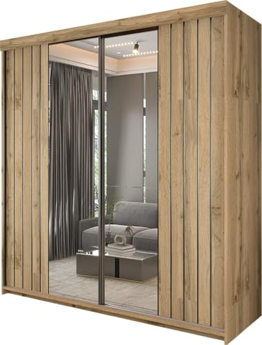 MN Furniture Downtown Modern Sliding Wardrobe with Full-Length Mirror, Shelves, Drawers & Rails | Strong MDF | White, Grey or Votan | Available in 150cm & 200cm Sizes (Votan, 200cm)
