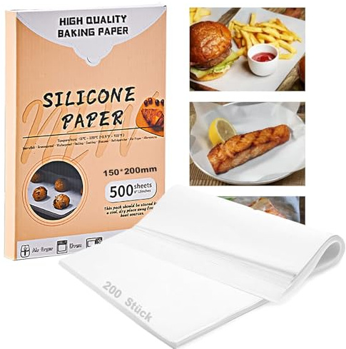 200 Stück Pergamentpapierblätter, 15x20 cm, Backpapier Weiß, antihaftbeschichtet, Antihaft Backpapier, Kolophonium Presspapier bis 250 °C zum Backen, Kochen, Backen, Braten, Heißluftfritteuse (Weiß 1)
