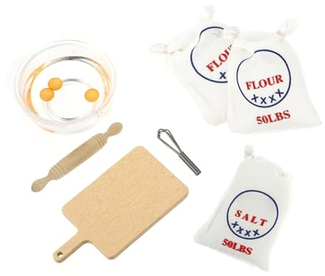 Abaodam Miniature Dollhouse Kitchen Accessories Set – 7pcs Mini Whisk, Flour Salt Bags, Rolling Pin Baking Props – Mini House Kitchen Supplies for Dollhouse Food Play and Scene Decoration