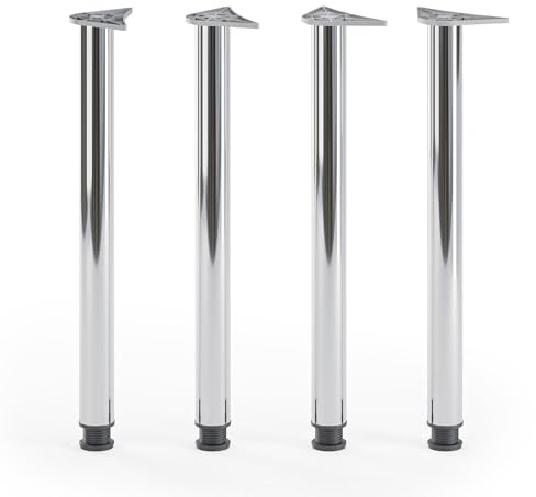 ATM Lot de 4 Pieds de Table 82cm Pieds de Cuisine Réglables en Hauteur Métal Pieds de Meubles Ø 60mm pour Plan de Travail Îlot Central Support Rond Robuste - Chrome Brillant