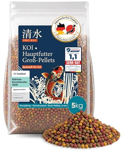 PRO KOI Hauptfutter Groß-Pellets 15 L (ca. 5 kg) – täglich | schwimmende Pellets 6 mm | für Koi | Basis & Farbe | Weizenkeim, Spirulina, Astaxanthin | Made in Germany