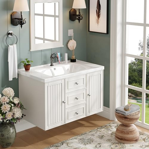 VIEKOS Armadietto per lavabo, mobiletto da bagno con 3 cassetti, molto spazio, lavabo da appendere, armadietto da bagno con lavandino, bianco, 78,5 x 46 x 46,8 cm
