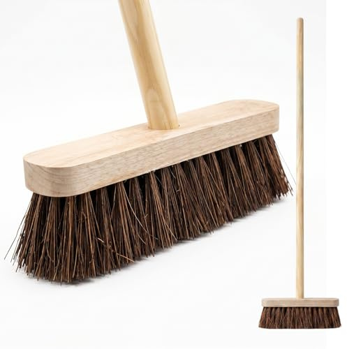 EDS 10” Outdoor Garden Broom with Wooden Handle Natural Stiff Bassine Bristles Easy Assemble Outdoor Yard Brush Hard Bristle Sweeping Broom for Patio Driveway Decking & Garage Cleaning (PACK OF 1)