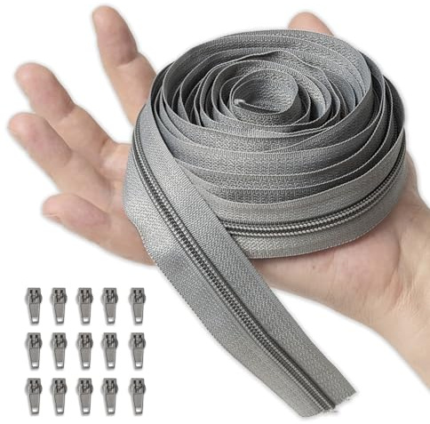 IPEA Cerniera Lampo Catena Continua misura #5 Grigia - [ 5 METRI + 15 CURSORI IN METALLO ] - Made in Italy - Zip Ritagliabile per Cucito, Abbigliamento, Accessori - Larghezza 30 mm - Grigio