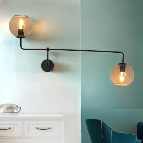 Licht-Erlebnisse Retro Wandleuchte Deckenleuchte Rauchglas 2x E27 in schwarz Wohnzimmer dekorative XXL Wandlampe Schlafzimmer Innen Vintage