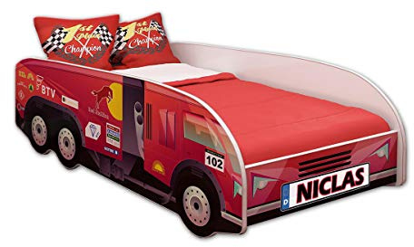 ACMA Kinderbett LKW Truck 140x70 cm Autobett Juniorbett für Kinder ohne Matratze und Lattenrost, Spielbett ohne Rausfallschutz, Kinderzimmer Bettmöbel, Design 03 Renn-LKW + Name