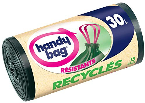 Handy Bag 15 bolsas de basura de 30 L, asas correderas, recicladas, resistentes a las fugas, 53 x 63 cm, verde oscuro, opaco