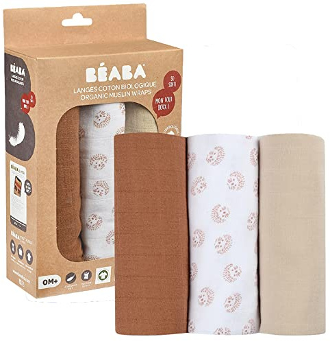 BEABA 920346 3-er Set Mullwindeln, Spucktücher, Bio-Baumwollmusselin, Mehrzwecktücher: Wickeldecke, Lätzchen, Groß, 70 x 70, Ökologisch und Gesund, Motiv Igel, mehrfarbig, 150 g