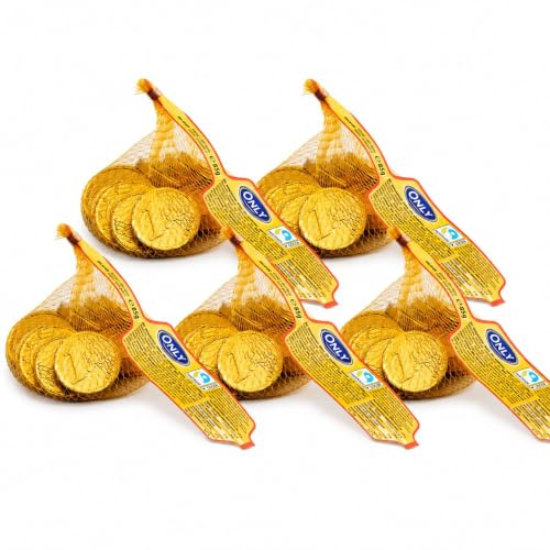 Only Schoko Goldmünzen 5x85g | Essbare Schokoladentaler in Goldfolie | Perfekt für Schatzsuchen, Kindergeburtstage, Wurfmaterial & Mitgebsel | Kakao 28%