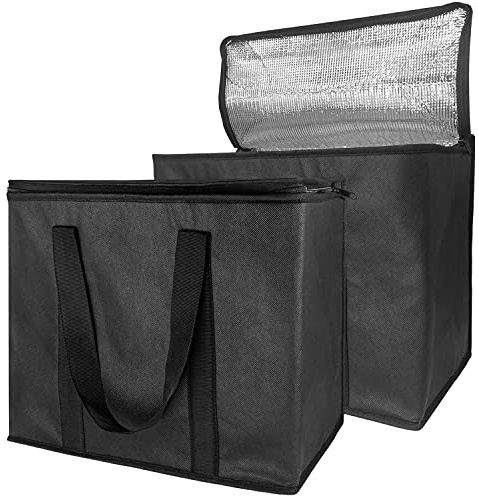 Yalin Set of 2 Large Insulated Collapsible Cooler Bags with Durable Dual Zipper Closure, Reusable Grocery Shopping Bags Keep Food Hot or Cold, Ideal for Food Delivery Bag (Black)